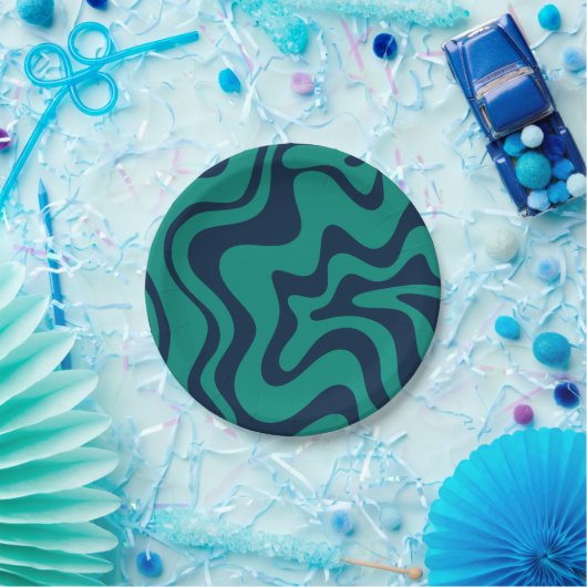 Retro Liquid Swirl Groovy Abstrakt blau und Aquama Pappteller (Party)