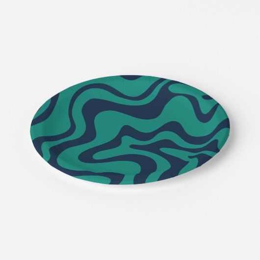 Retro Liquid Swirl Groovy Abstrakt blau und Aquama Pappteller (Schrägansicht)