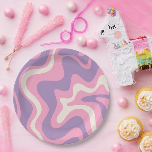 Retro Liquid Swirl Groovy Abstrakt Lila rosa Pappteller (Party)
