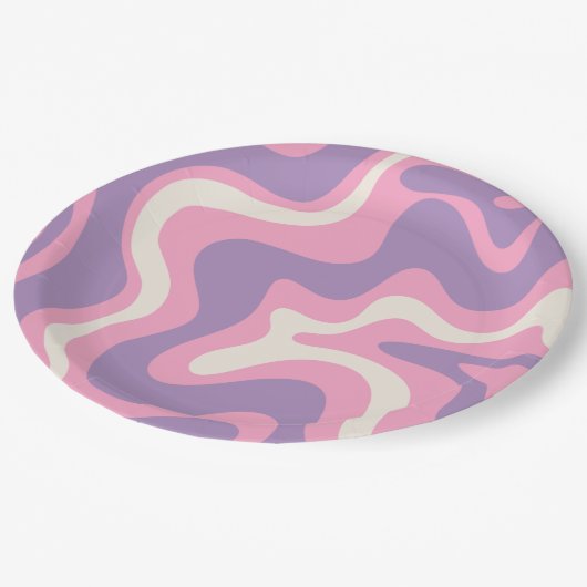 Retro Liquid Swirl Groovy Abstrakt Lila rosa Pappteller (Schrägansicht)