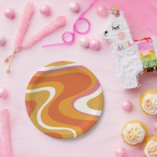 Retro Liquid Wirbel Muster in Orange Pink Mustard Pappteller (Party)