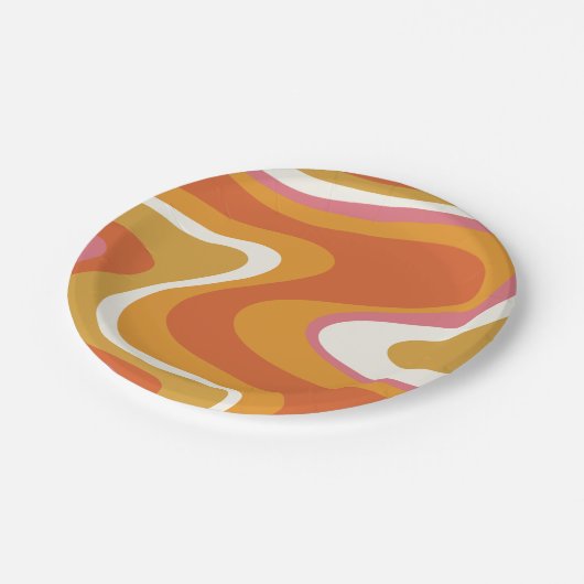 Retro Liquid Wirbel Muster in Orange Pink Mustard Pappteller (Schrägansicht)