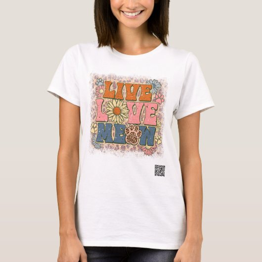 Retro Live Liebe Meow T-Shirt (Vorderseite)