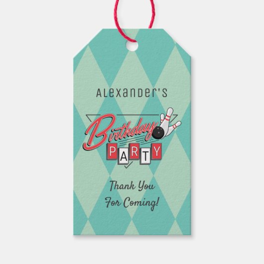 Retro-Logo-Bowling-Geburtstagsfeier Geschenkanhänger (Vorderseite)