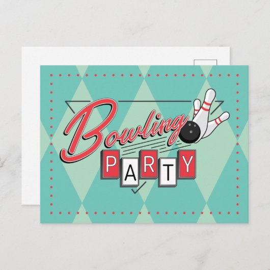 Retro Logo-Bowlings-Party-Postkarte Ankündigungspostkarte (Vorne/Hinten)