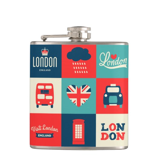 Retro London Collage Flask Flachmann (Vorderseite)