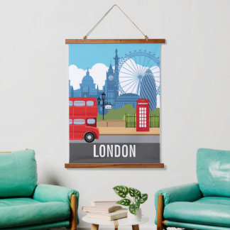 Retro London travel print – Iconic Landmarks Wandteppich Mit Holzrahmen