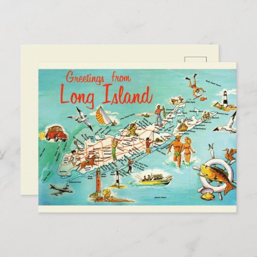 Retro Long Island Map Postkarte (Vorne/Hinten)