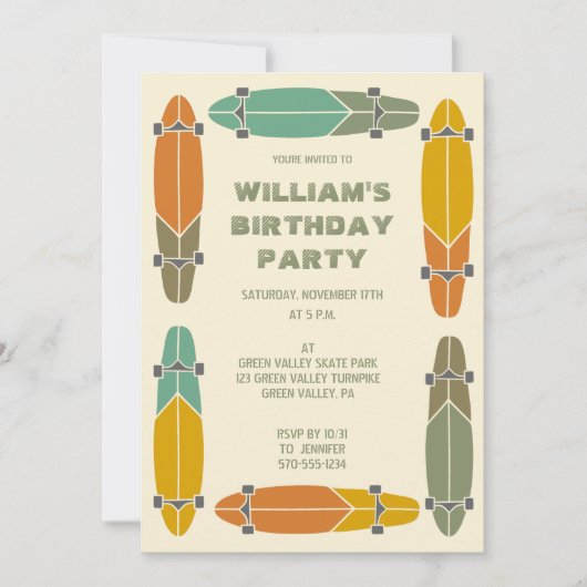 Retro Longboards Skateboard Skateboard Geburtstag Einladung (Vorderseite)