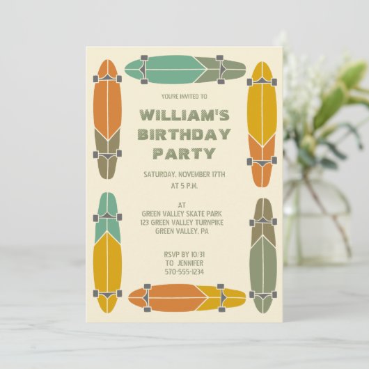 Retro Longboards Skateboard Skateboard Geburtstag Einladung (Stehend Vorderseite)