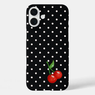 Retro-Look Schwarz-Weiß mit Punkten und Kirschen iPhone 16 Plus Hülle