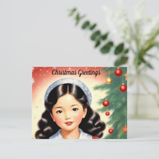 Retro Look Weihnachts Postkarte mit Mädchen (Stehend Vorderseite)