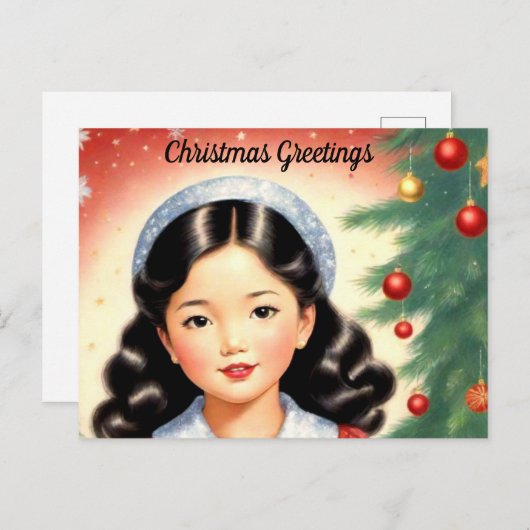 Retro Look Weihnachts Postkarte mit Mädchen (Vorne/Hinten)
