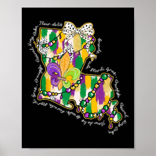 Retro Louisiana Karte Mardi Gras Coquette Bow Fat Poster