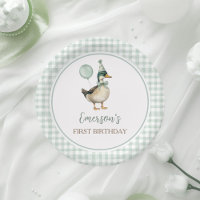 Retro Lucky Duck Sage Green Gingham 1. Geburtstag