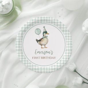 Retro Lucky Duck Sage Green Gingham 1. Geburtstag Pappteller
