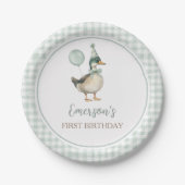 Retro Lucky Duck Sage Green Gingham 1. Geburtstag Pappteller (Vorderseite)