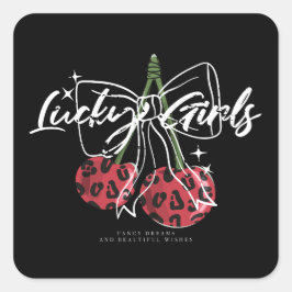 Retro Lucky Girls Cherry Quote Quadratischer Aufkleber