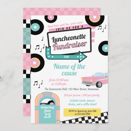 Retro Luncheonette Fundraiser Einladung (Vorne/Hinten)