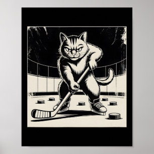 Retro lustige Katze spielt Eishockey Stock Schlitt Poster