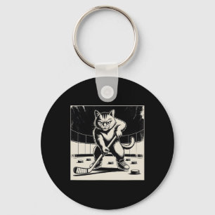 Retro lustige Katze spielt Eishockey Stock Schlitt Schlüsselanhänger