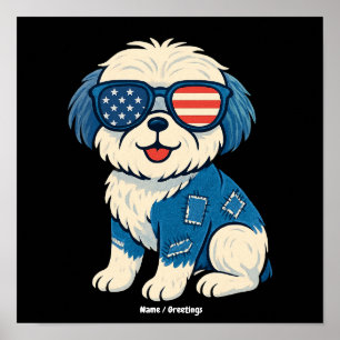 Retro-lustiger Denim-Patch Süßes Hundedesign  Poster