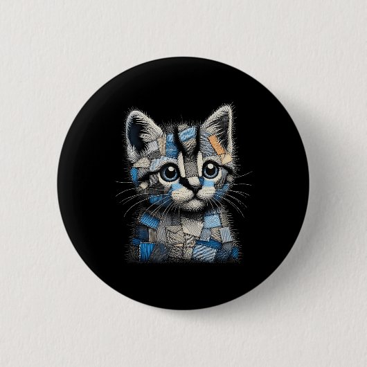 Retro lustiger Denim-Patch Tier Katze Druck Button (Vorderseite)