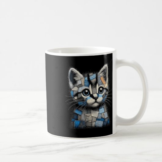 Retro lustiger Denim-Patch Tier Katze Druck  Kaffeetasse (Rechts)