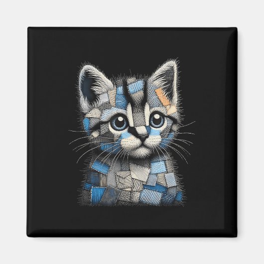 Retro lustiger Denim-Patch Tier Katze Druck Magnet (Vorne)
