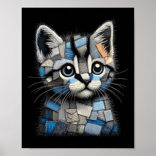 Retro lustiger Denim-Patch Tier Katze Druck  Poster (Vorne)