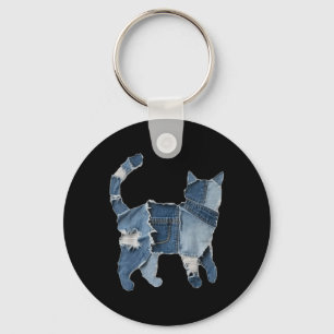 Retro lustiger Denim-Patch Tier Katze Druck Schlüsselanhänger