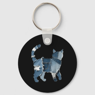 Retro lustiger Denim-Patch Tier Katze Schlüsselanhänger