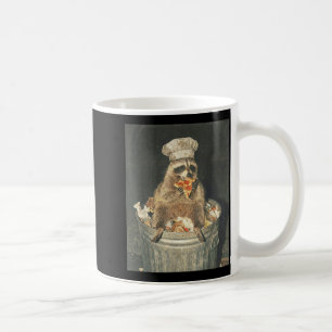 Retro-lustiger Waschbär-Koch isst Pizza-Mülleimer Kaffeetasse