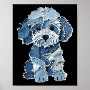 Retro Lustiges Denim-Patch Tier Hund Druck  Poster