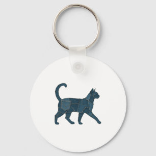 Retro lustiges Denim-Patch-Tier-Katz-Shirt Schlüsselanhänger