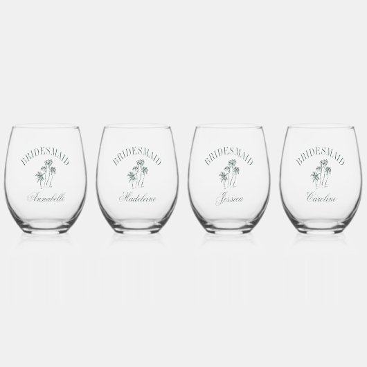 Retro Luxe Beach Palm Trees Bridesmaid Namen Weinglas Ohne Stiel (Vorderseite)