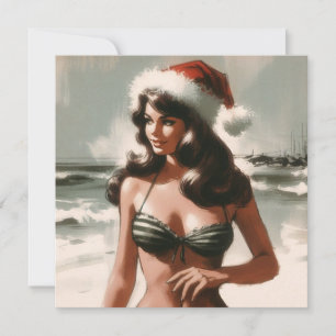 Retro-Mädchen im Bikini und mit Weihnachtsmannmütz Feiertagskarte