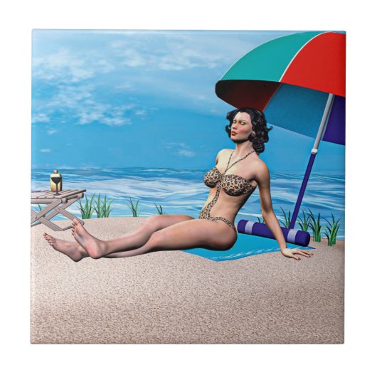 Retro-Mädchen in der Sonne Fliese (Vorderseite)