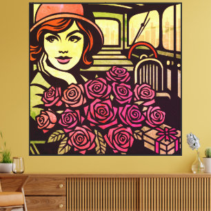 Retro-Mädchen in einem Oldtimer mit Rosen Leinwanddruck
