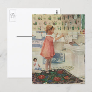 Retro Mädchen, Kind beim Wäschewaschen, hängt Klei Postkarte