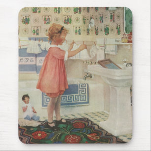 Retro-Mädchen, Kind beim Wäschewaschen und Aufhäng Mousepad