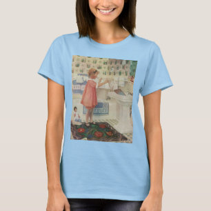 Retro-Mädchen, Kind beim Wäschewaschen und Aufhäng T-Shirt