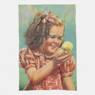 Retro-Mädchen mit Baby-Küken, glückliches Kind läc Geschirrtuch