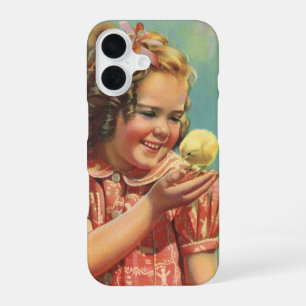 Retro-Mädchen mit Baby-Küken, glückliches Kind läc iPhone 16 Hülle