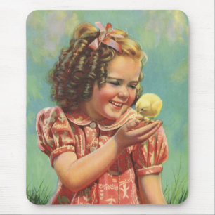 Retro-Mädchen mit Baby-Küken, glückliches Kind läc Mousepad