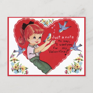 Retro-Mädchen mit Blaumeisen zum Valentinstag Postkarte
