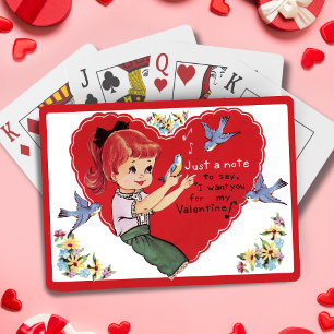 Retro-Mädchen mit Blauvögeln zum Valentinstag Spielkarten