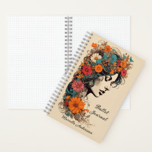 Retro-Mädchen mit Blumen im Haar Bullet Journal Notizblock