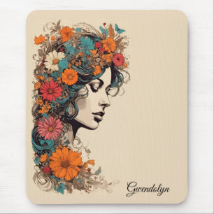Retro-Mädchen mit Blumen im Haar-Mauspad Mousepad