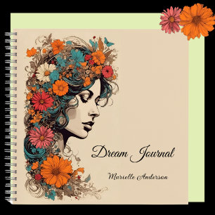 Retro-Mädchen mit Blumen im Haar, Traum-Tagebuch Notizblock